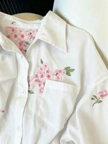 Franclia 女款新款棉質襯衫，春夏新款老錢風刺繡長袖襯衫，休閒寬鬆鵝黃色刺繡襯衫，度假休閒長袖全開襟襯衫，法式慵懶花卉刺繡長袖棉質襯衫，復古米色襯衫，黃色基礎款長袖襯衫，四季疊穿襯衫，適合日常穿著、居家、散步、購物、度假、夏季通勤 - 白色 - 查看 3