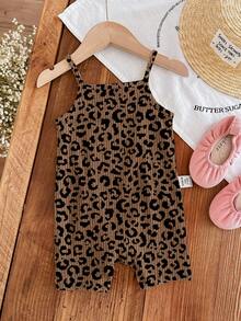 SHEIN LMoss Kids 1件隨機款復古美拉德棕豹紋波點圖案 Chill Chill 嬰幼兒女童休閒吊帶連身褲，適合春夏，可愛夏季款 - 彩色 - 查看 1