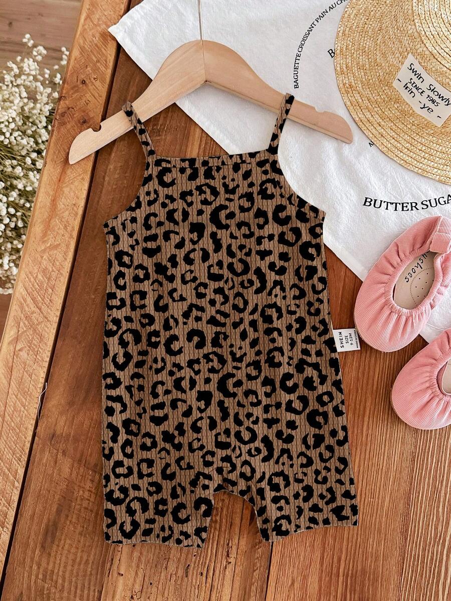 SHEIN LMoss Kids 1件隨機款復古美拉德棕豹紋波點圖案 Chill Chill 嬰幼兒女童休閒吊帶連身褲,適合春夏,可愛夏季款 - 彩色 - 查看 1