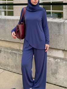 Swim Mulvari Indigo Blue Round Neck Long Sleeve Double Layer Asymmetrical Hem Loose Casual Sports Set - Multicolor - View 4