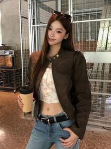 DAZY Women's Solid Color Korean Style Long Sleeve Autumn/Winter Jacket Top Cute Tops - Coffee Brown - View 8