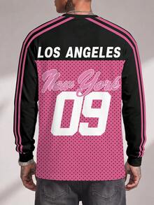 Gym Rark Punk Streetwear New York Liberty Print Men Long Sleeve Pullover, Pink Dot Background Cover Eyes Statue Graphic, Double Pink Raglan Sleeve Stripes, Loo - Multicolor - View 2