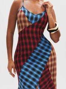 NYA SZN Dress Sleeveless Fitted Patchwork Plaid Club Party Sexy Concert Chic Cute Streetwear Brunch Everyday Casual Festival Y2K Red Blue Summer Fall Winter - Multicolor - View 6