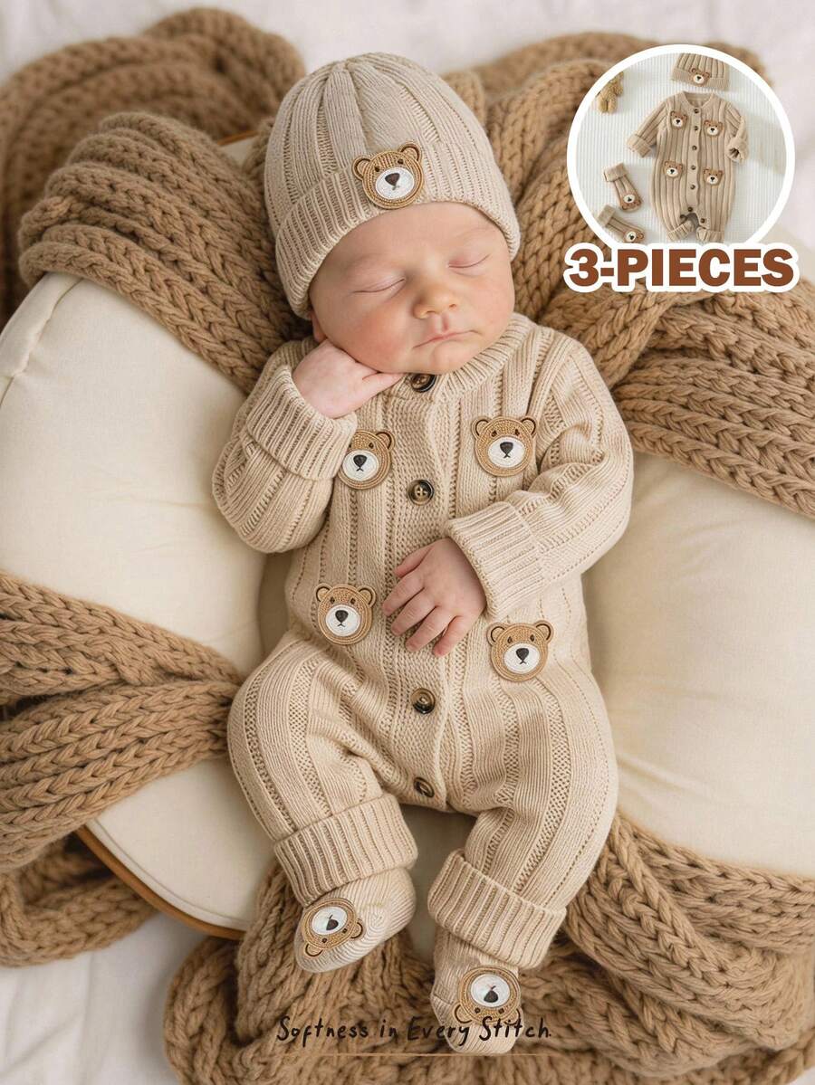 Cozy Pixies 新生兒男嬰女嬰通用卡通熊圖案可愛秋冬多功能針織連身衣3件套(含連腳褲與帽子),適合秋冬穿著 - 卡其色 - 查看 1