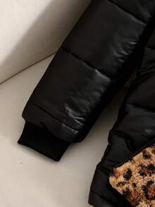 SHEIN Tween Girl 1pc Tween Girl -Length Long Sleeve Cotton Padded Autumn Winter Jacket With Leopard Print Fleece , Comfortable And Warm Solid Color For Tween Girl - Black - View 4
