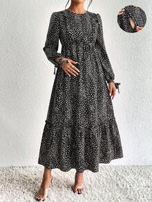SHEIN 孕婦秋季休閒全印花洋裝 - 黑色 - 查看 3