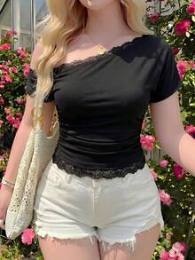 SHEIN MOD Plus Size Elegant Solid Color Lace Patchwork Asymmetrical Collar T-Shirt - Black - View 4