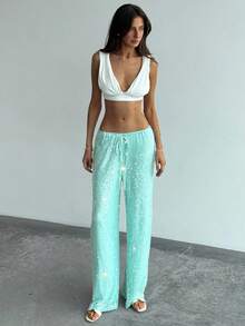 SHEIN Tall CURVE 大尺碼女款嘻哈街頭風亮片裝飾綁帶寬鬆長褲 - 綠色 - 查看 6