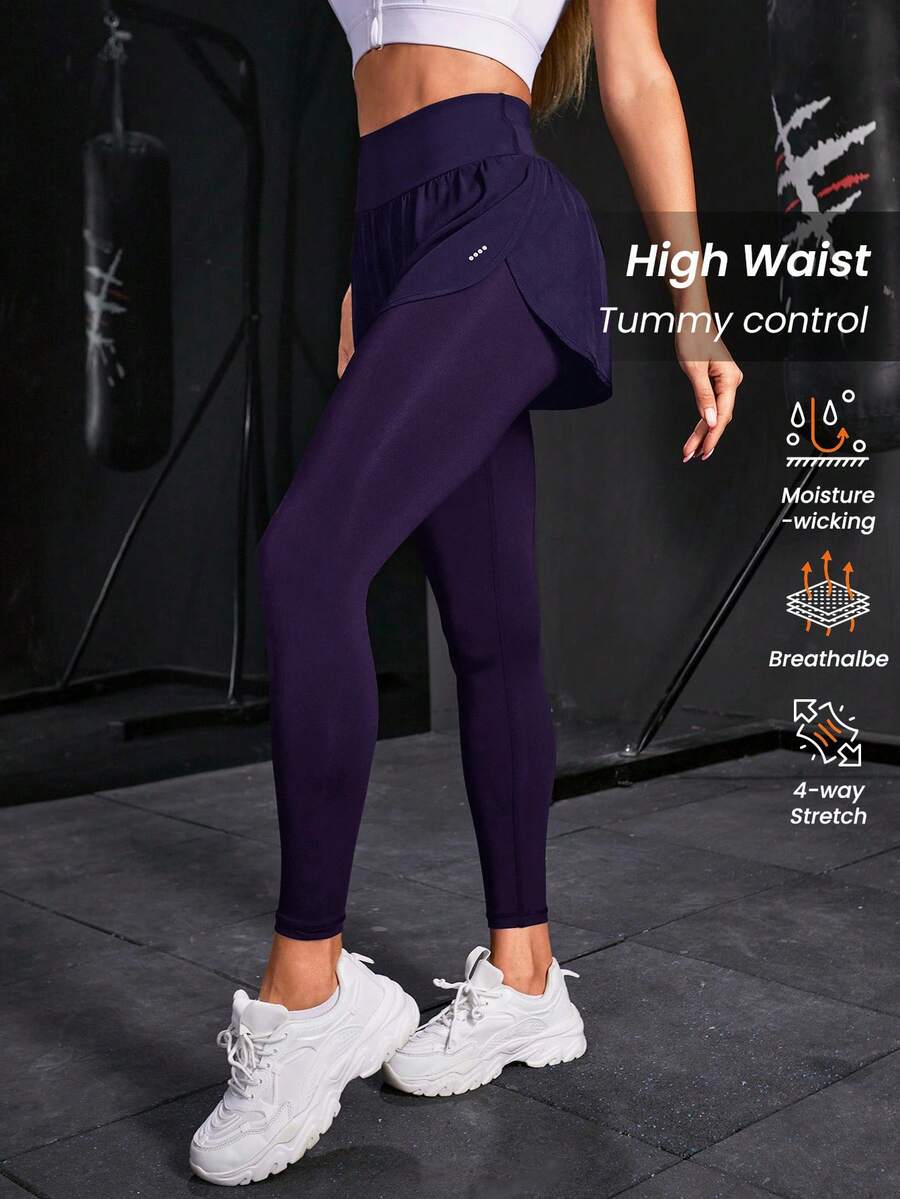 Powerista 女款極簡 2 合 1 修身運動緊身褲 7/8 長度 瑜伽緊身褲 無縫高彈快乾雙層短褲