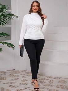 SHEIN Clasi Plus Size Women's Solid Color Ruched Fitted Versatile Casual T-Shirt Fall - White - View 7