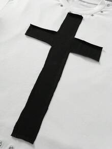 ROMWE MEN Street Life 男士休閒拼接刺繡對比色鏤空短袖T恤 - 白色 - 查看 5
