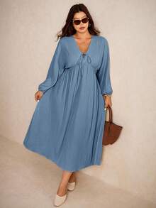 Elaquor Plus Size Autumn Casual Solid Color Dress Fall - Dusty Blue - View 5