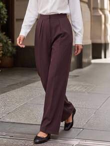 SHEIN Unity Women's Fashionable Versatile Solid Color Wide Leg Pants Christmas Women's Winter Red Brown - White - View 1