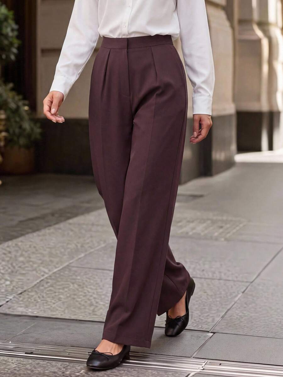 SHEIN Unity Women's Fashionable Versatile Solid Color Wide Leg Pants Christmas Women's Winter Red Brown - White - View 1