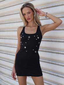 Brooke Lily Women's Punk Style Eyelet Decor Short Fitted Bodycon Dress Elegant Black - Black - View 5