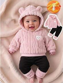 SHEIN Vintaside Kids 2pcs/Set Baby Girl Sweatshirt Set, Autumn Fuzzy Wheat Jacquard Light Pink Black And Pink Long Sleeve Hooded Bow Decor, Long Pants, Family Matching - Pink - View 2