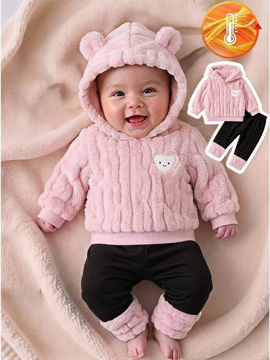 SHEIN Vintaside Kids 2pcs/Set Baby Girl Sweatshirt Set, Autumn Fuzzy Wheat Jacquard Light Pink Black And Pink Long Sleeve Hooded Bow Decor, Long Pants, Family Matching