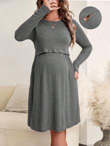 SHEIN 孕婦休閒純色哺乳洋裝，適合秋季穿著 - 深灰色 - 查看 1