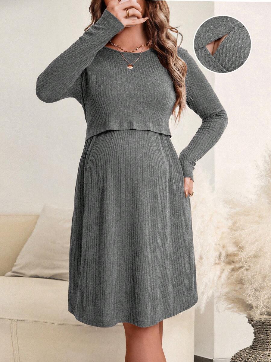 SHEIN 孕婦休閒純色哺乳洋裝,適合秋季穿著 - 深灰色 - 查看 1