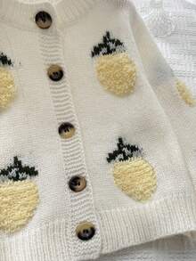 SHEIN 女童白色圓領針織開襟衫，重工刺繡檸檬圖案，可搭配洋裝，舒適柔軟 - 白色 - 查看 4