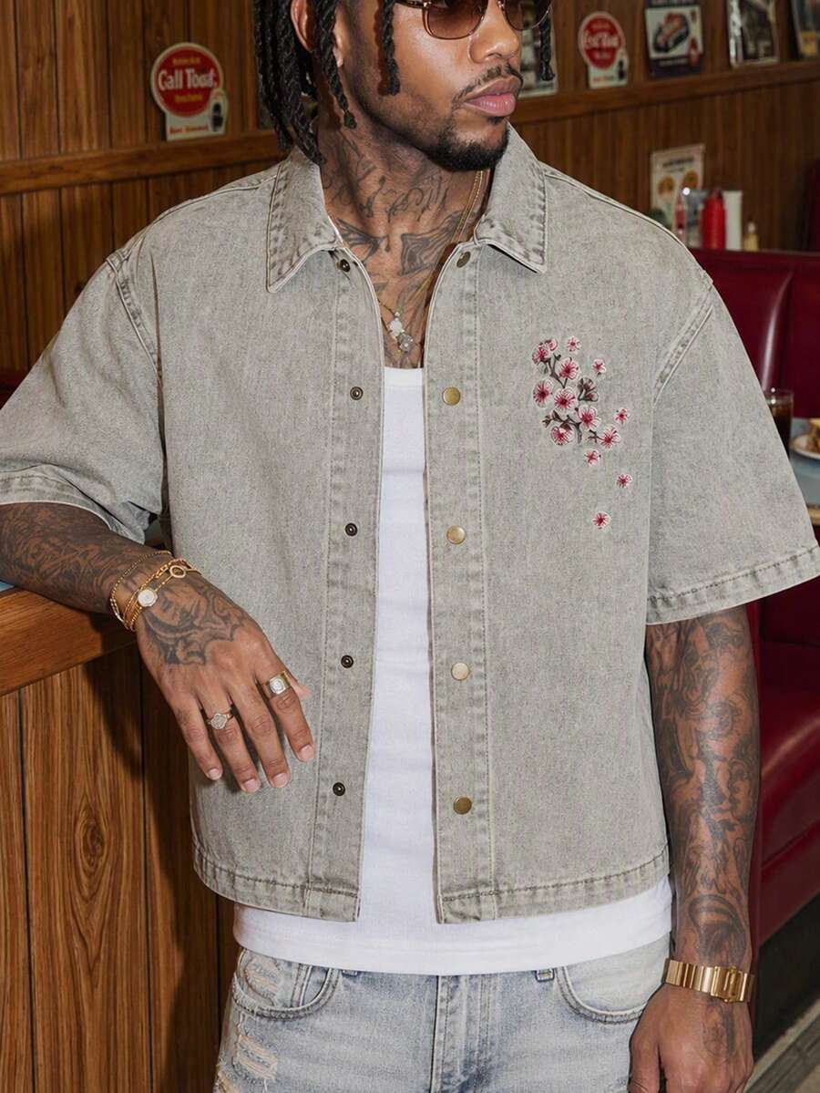 STEELVANCE Men's Floral Pattern Single-Breasted Casual Versatile Daily Wear Denim Jacket - Army Green - View 1