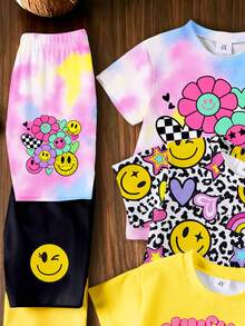 SHEIN Elladie kids 女童 6 件套時尚休閒套裝，包含紮染臉孔、豹紋臉孔、彩虹愛心與花卉臉孔字母印花短袖上衣、臉孔印花短褲，柔軟舒適，適合夏季外出穿著 - 彩色 - 查看 5