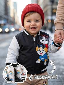 SHEIN Playful Pals Jaket Bayi Laki-laki Motif Garis Kontras, Kerah Bergaris, Gambar Kartun Beruang Lucu, Lengan Panjang, Resleting, Bolak-balik, Musim Gugur/Musim Dingin - Hitam - View 4