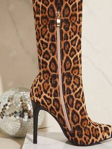 SHUZIA Faux Suede Leopard Print Knee High Heel Boots Holiday Vacay Vibe For Summer Shoes Spring Shoes Spring Break Easter For Christmas - Multicolor - View 3