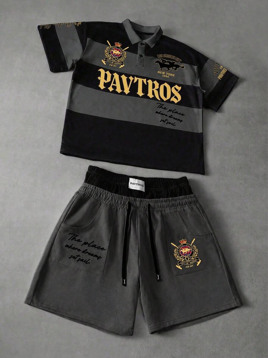 PAVTROS 男士美式學院風徽章刺繡T恤短褲兩件套,POLO領半袖,2合1運動休閒套裝,黑色炭灰色,夏季 - 深灰色 - 查看 1