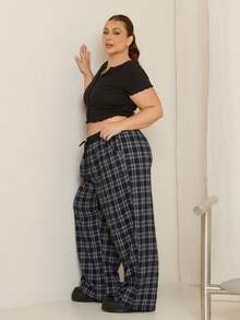 Lele Munniz Celana Kasual Longgar Motif Kotak-kotak Hitam Putih Ukuran Besar, Cocok untuk Musim Panas, Cocok untuk Bepergian - Dark Grey - View 4