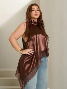 Lele Munniz Atasan Halter Leher Satin Cokelat Ukuran Plus Wanita, Blus Longgar Elegan dengan Hiasan Renda, Gaya Urban Terbaru untuk Kencan Malam Musim Gugur, Atasan Cokelat Musim Semi yang Nyaman - Coklat - View 3