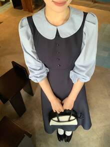 DAZY Women's Peter Pan Collar Contrast Color Patchwork 2 In 1 Korean Style Casual Mid-Length Dress Fall Vacation - Blue - View 4