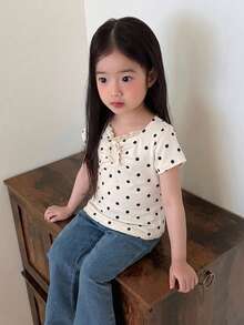 Dazy Kids 女童領口短袖紋理鏤空設計T恤 - 米色 - 查看 7