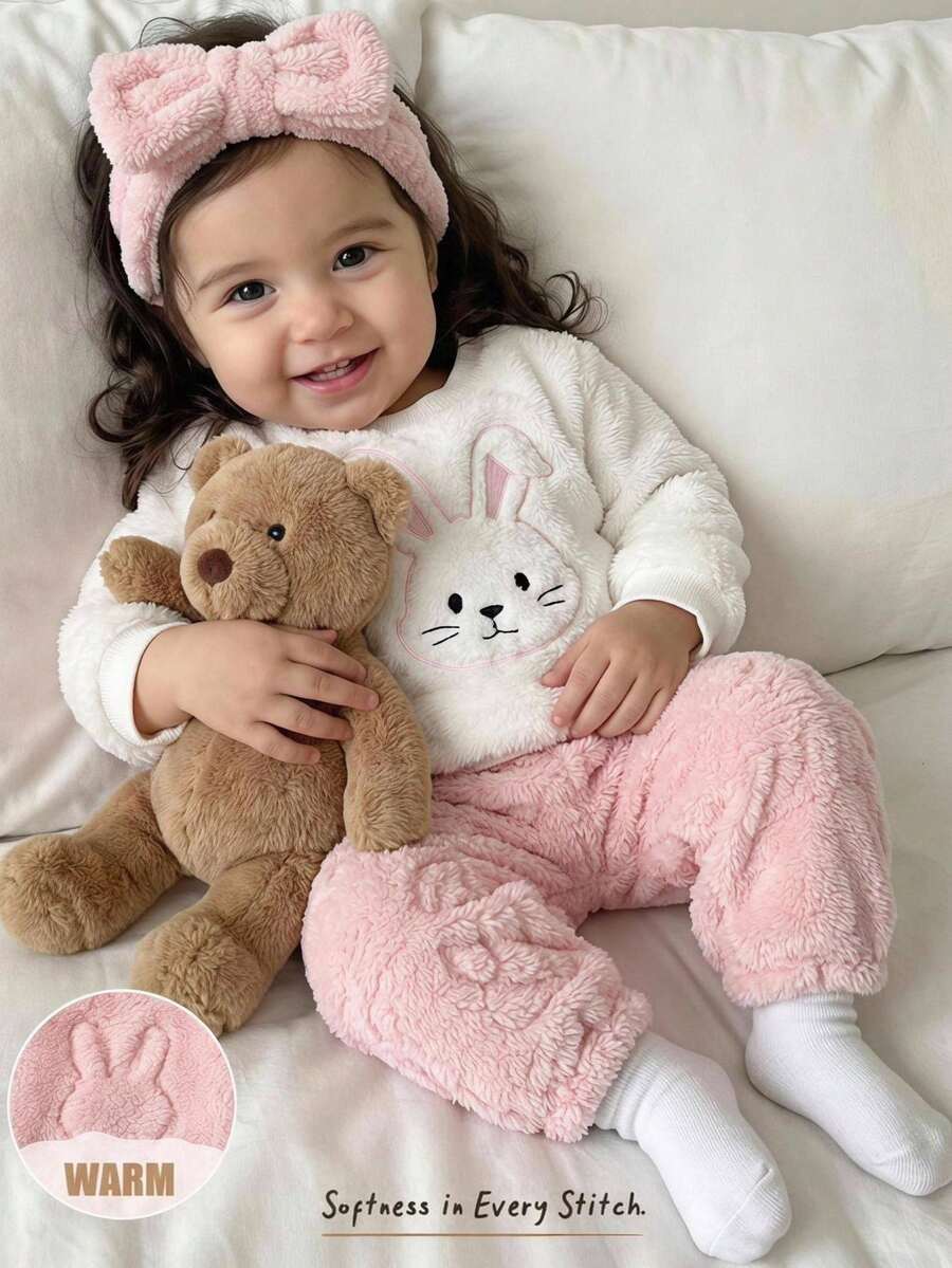 Cozy Pixies Baby Girl Cartoon Rabbit Embroidered Pattern Plush Soft Round Neck Long Sleeve Pullover Sweatshirt Elastic Waist Textured Cartoon Pattern Letter Graphic Plush Long Pants 2-Piece Set - Pink - View 1