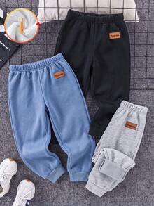 SHEIN 3件組兒童青少年男童買2送1休閒日常舒適刺繡內刷毛加厚寬鬆長褲運動褲冬季童裝，秋季衣物，黑色、卡其色，運動套裝，適合學校、花園、海灘、生日，秋季、冬季季節 - 彩色 - 查看 3