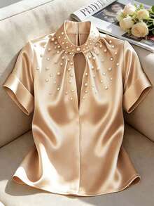 Franclia Blus Lengan Pendek Satin Elegan Modis untuk Wanita dengan Hiasan Mutiara - Sampanye - View 4