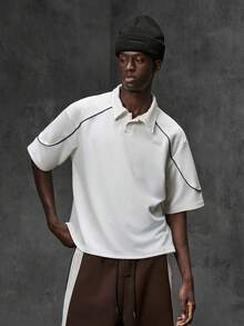 NEON BLANC Men's Summer Casual Loose Fit Polo Shirt, Standard Size, White, Turn-Down Collar, Solid Color With Patchwork Trim - White - View 1