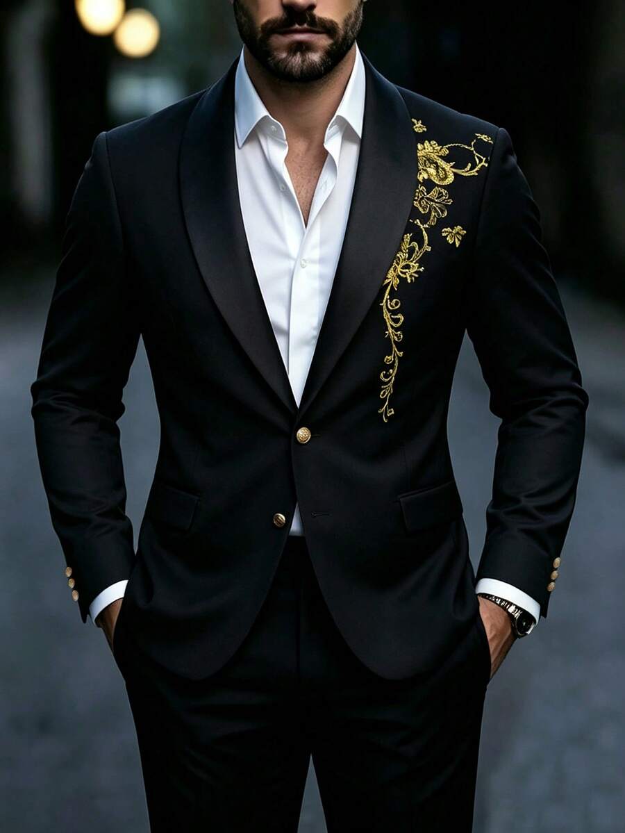 Manfinity AFTRDRK Men's Black & Gold Embroidered Lapel Slim Fit Suit Set - Black - View 1