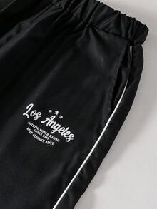 SHEIN 青少年男孩 2件組 Los Angeles 23號圖案夾克與長褲套裝，純黑色對比滾邊秋冬運動服，秋季穿搭 - 黑色 - 查看 5