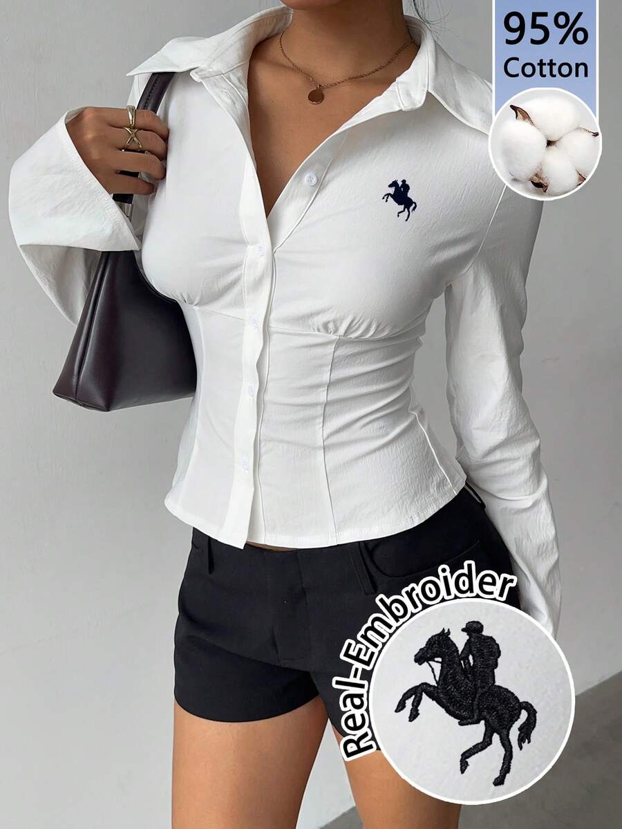 Aloruh 休閒簡約風黑色小馬標誌真刺繡白色100%純棉女款長袖襯衫,適合初秋秋冬辦公穿著與日常 - 彩色 - 查看 1