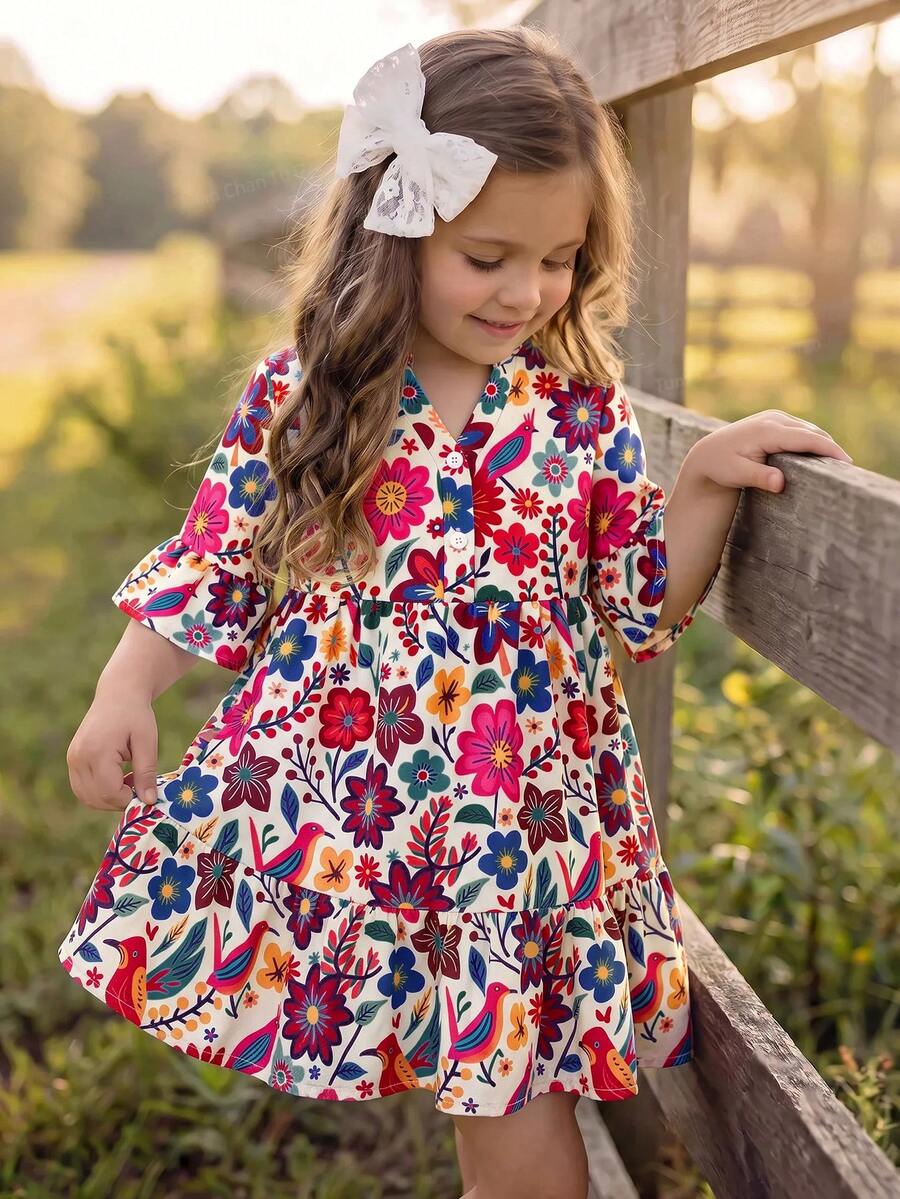 Emery Rose Kids Emery Rose Kids 女童小女孩編織立領碎花休閒洋裝