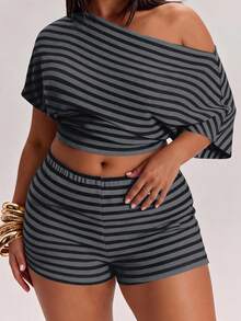 SHEIN BAE CURVE 大尺碼女款灰色不對稱肩無袖上衣迷你短褲2件套 半正式 外出 辦公室 夏季休閒 - 灰色 - 查看 2