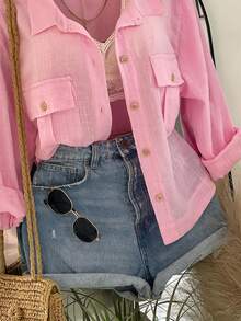 INAWLY Plus Size Women's Versatile Casual Traditional Single-Breasted Long Sleeve Pocket Top For Daily Wear Formal Vacation Pink Autumn - Pink - View 3