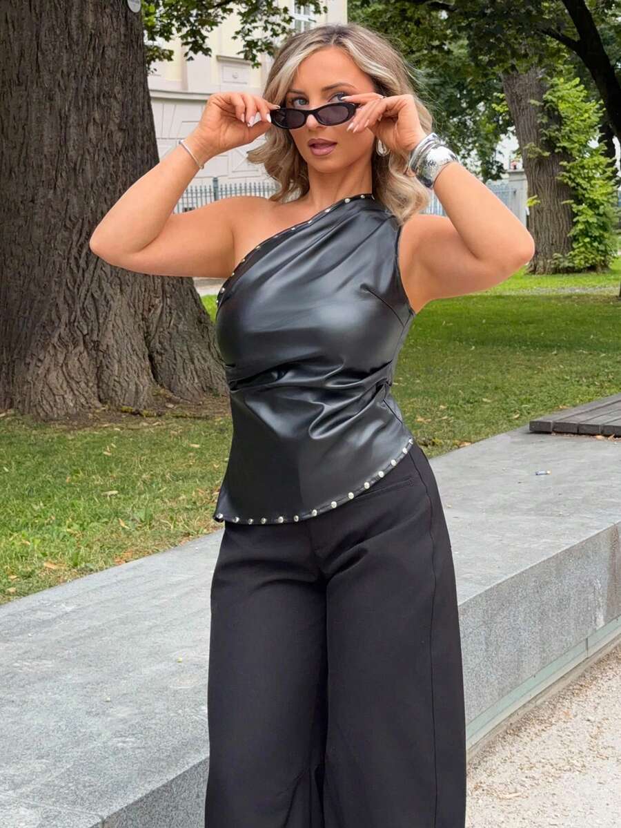 Jeta Ari Old Money Style Women's Studded Asymmetrical Shoulder Leather Top Women's Women's Fashion Sexy PU Ruched Top Black Fall - Black - View 1