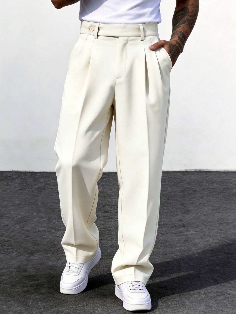 Manfinity Homme Men's Plus Size Loose Casual Fashion Versatile Beige Dress Pants - Beige - View 1