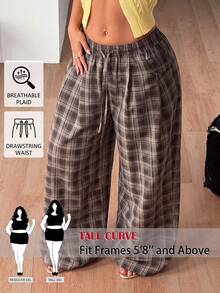 SHEIN Tall CURVE Women's Plus Size Plaid Casual Versatile Wide Leg Pants For Daily Wear Fall - Brown - View 1