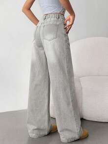 SHEIN Teen Girl Fashion Versatile Button Pocket Loose Fit Jeans - Light Grey - View 12