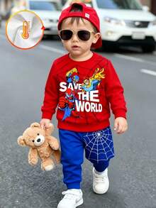 SHEIN 1 Random Set,Baby Boys Superhero Spider Web Print Color Block Sweatshirt Set Fall Cute Red Blue Letter Ribbed Cuffs Long Sleeve School Outfits - Multicolor - View 3