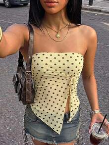 SHEIN ICON Women's Polka Dot Asymmetrical Hem Bandeau Top - Light Yellow - View 3