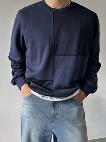 DAZY Men's Navy Blue Ribbed Fabric Patchwork Contrast Letter Embroidery Pullover Sweatshirt, Spring/Autumn - Blue - View 4